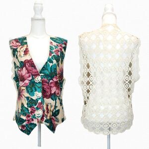 Vintage Handmade Floral Vest Crochet Back B-0037c7